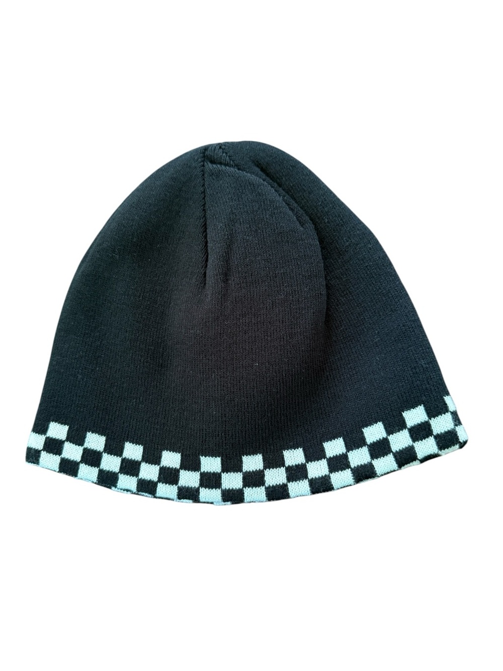 VTG Black Beanie White Checkerboard Reversible Toque Adult Winter Hat Skater Y2K